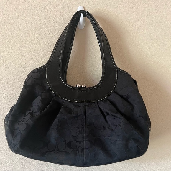 COACH Black Logo Canvas with Patent Leather Trim Shoulder Kiss-lock Satchel - Picture 6 of 12